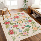 Rustic Flower Area Rug, 5x8ft, Classic Colorful Bohemian Floral Pattern with Beige Large Hall Botanical Rug, Non Slip No Crease Easy Care Girls Room Decor Carpet for Relax Room Bedroom