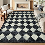 Lahome Checkered Washable 8 x 10 Area Rugs for Living Room, Black Bedroom Rug 8x10 Under Bed, Geometric Trellis Soft Ultra-Thin Indoor Carpet for Dining Room Dorm Kids Playroom (8'x10',Black)