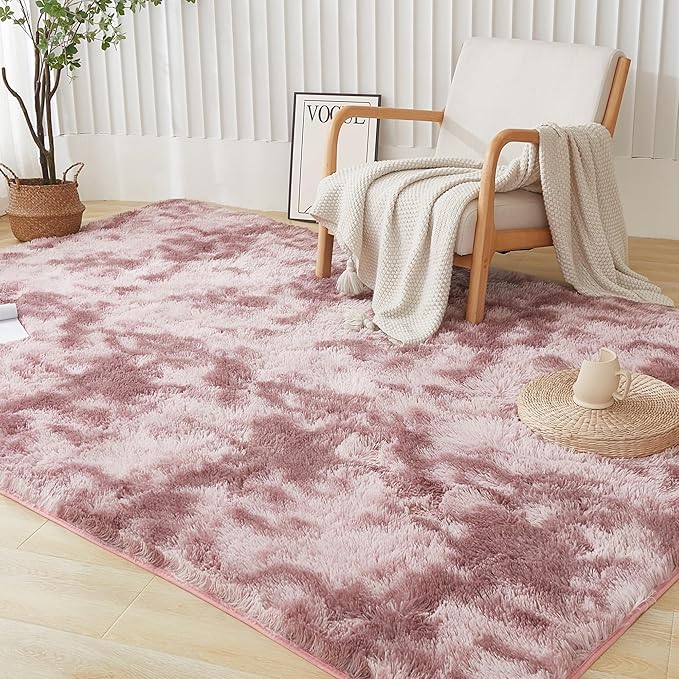 Andency Soft Area Rugs for Living Room Bedroom, 4x6 Fluffy Shaggy Bedside Rug, Non-Slip Large Shag Fuzzy Plush Carpets for Bedroom Kids Dorm Nursery Home Decor Aesthetic, Tie-Dyed Dusty Pink