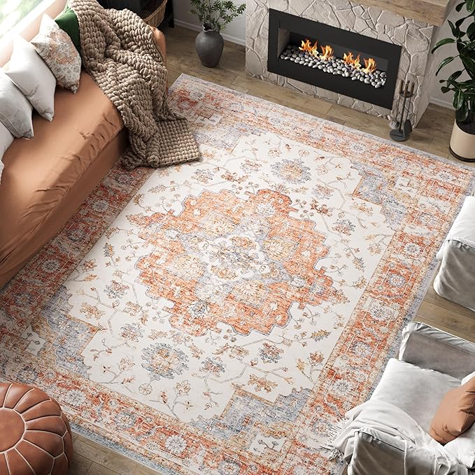 jinchan Area Rug 6x9 Vintage Washable Living Room Rug Floral Medallion Non Slip Thin Floor Cover Retro Classic Soft Boho Farmhouse Carpet for Bedroom Dining Room Kitchen Brick Red