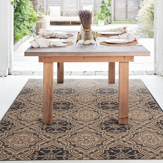 FH Home Flat Woven Outdoor Rug - Waterproof, Easy to Clean, Stain resistant - Premium Polypropylene Yarn - Mosaic Tile - Patio, Deck, Porch, Balcony, Laundry - Messina - Charcoal - 3ft 11 in x 5ft 6in