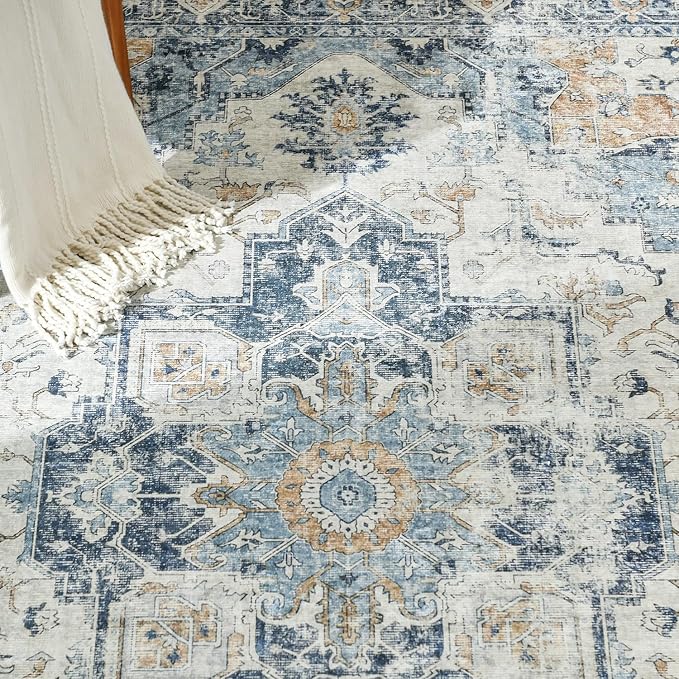 jinchan Area Rug 6x9 Washable Living Room Rug Vintage Indoor Large Floor Cover Distressed Lightweight Non-Slip Low Pile Thin Mat Accent Stain Resistant Carpet for Bedroom Dining Room Office Blue