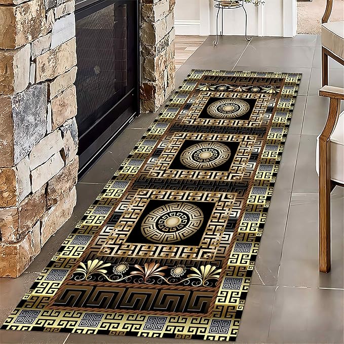 Luxury Greek Key Runner Rug, 1.3x7ft, Black Gold Arabic Style Long Hallway Rug Runners, Modern Black Gold Rugs for Living Room, Easy Clean Pet Friendly Non-Slip Mat for Entryway Floor