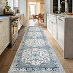 XWZO Runner Rug 2x10ft for Long Hallways, Washable Non-Slip Low Pile Area Rug with Rubber Backing, Spill Resistant Soft Vintage Floor Carpet for Kitchen Entryway Stair Landing Living Room, Blue