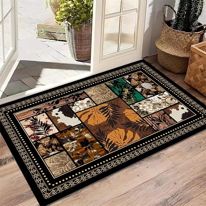 Floral Tropical Patchwork Area Rug 6x9ft, Vintage Black & Brown Country Carpet, Low Pile Non-Slip Mat for Cozy Bedroom, Dining Room, Farmhouse Decor