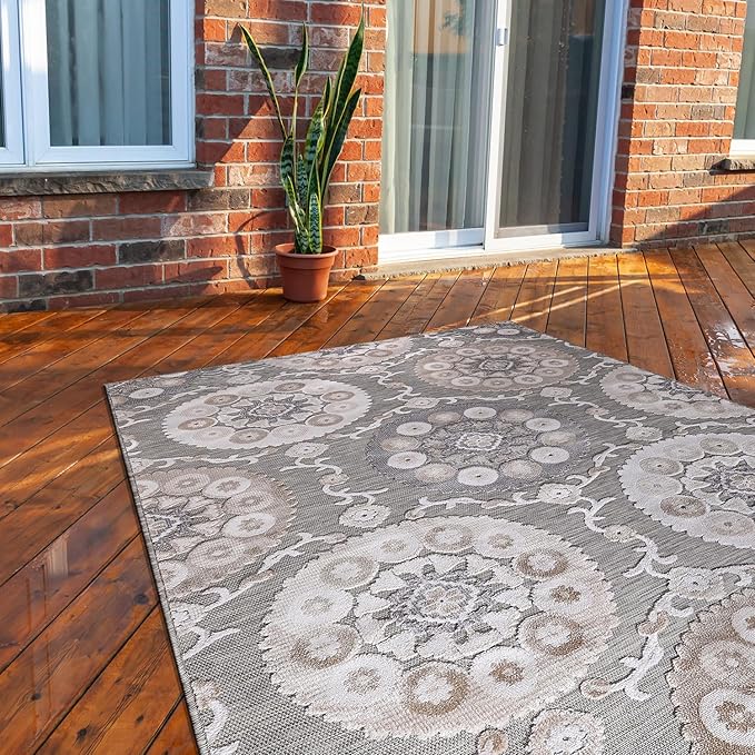 CAMILSON Indoor Outdoor Rug 9x12 Bohemian Medallion Floral Area Rugs for Indoor and Outdoor Patios Easy-Cleaning Non-Shedding Living Room Garden and Kitchen Washable Outside Carpet (9 x 12 / Beige)