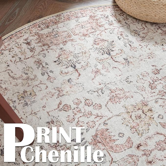 jinchan Kalen Round Rug 5ft Area Rug Washable Vintage Indoor Retro Accent Entryway Floor Cover Distressed Floral 5' Round Circle Boho Non Slip Thin Carpet for Bedroom Living Room Dining Room Red