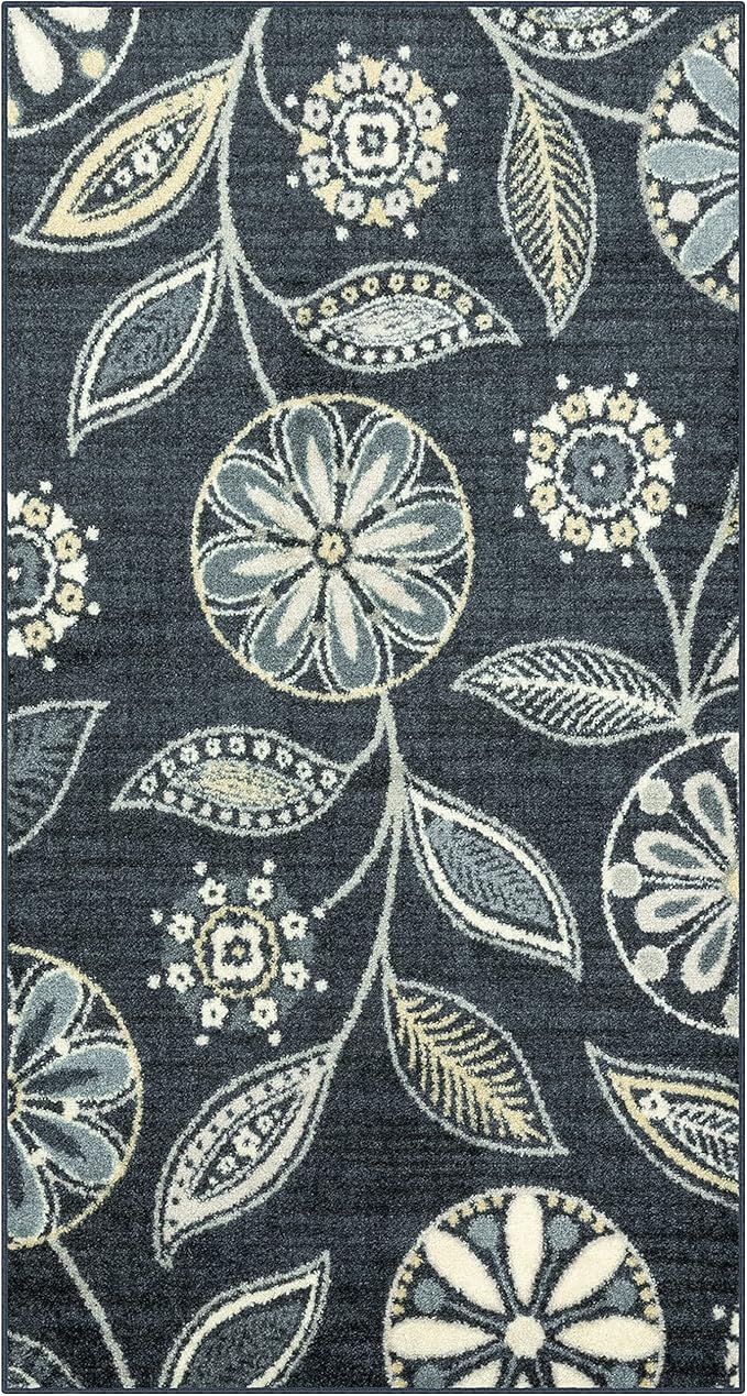 Maples Rugs Reggie Floral Area Rug - Made in USA - Washable, Non Slip, Pet-Friendly Mats for Living Room, Bedroom, and Office, 3'4" x 6', Persian Blue