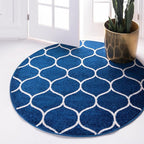 Rugs.com Lattice Frieze Collection Rug – 5' Round Navy Blue Medium Rug Perfect for Kitchens, Dining Rooms