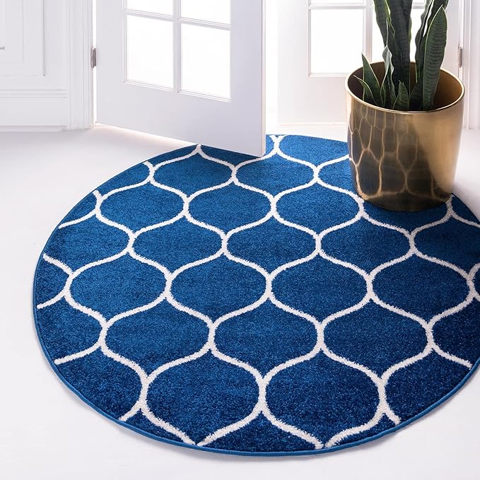 Rugs.com Lattice Frieze Collection Rug – 4' Round Navy Blue Medium Rug Perfect for Kitchens, Dining Rooms