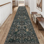 Washable Runner Rug 2x12: Vintage Boho Floral Carpet Runners for Hallway Entryway Non-Slip - Soft Botanical Low Pile Thin Mat for Kitchen Bathroom Bedroom Laundry Floor Decor - Dark Green