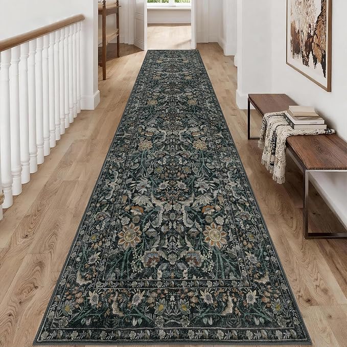 Washable Runner Rug 2x10: Vintage Boho Floral Carpet Runners for Hallway Entryway Non-Slip - Soft Botanical Low Pile Thin Mat for Kitchen Bathroom Bedroom Laundry Floor Decor - Dark Green