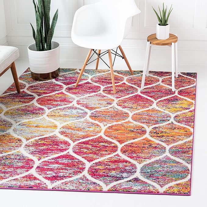 Rugs.com Lattice Frieze Collection Rug – 8' Square Multi Medium Rug Perfect for Living Rooms, Kitchens, Entryways