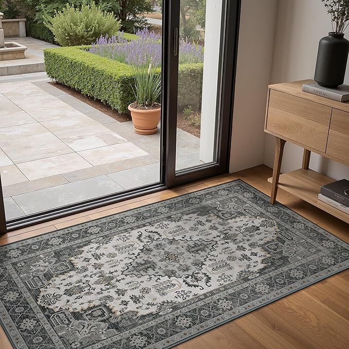 Bavni Vintage 3x5 Area Rugs, Boho Oriental Living Room Rug, Machine Washable Rug Non Slip, Distressed Print Indoor Small Black Rugs, Low Pile Ultra-Thin Soft Carpet for Bedroom, Dining Room, Farmhouse