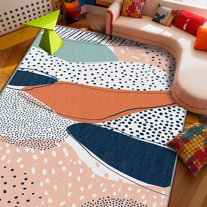 Bohemian Area Rugs - Polka Dot Color Block Rug 4x5, Abstract Multicolor High Traffic Shed Resistant Carpets Room Decor #C043