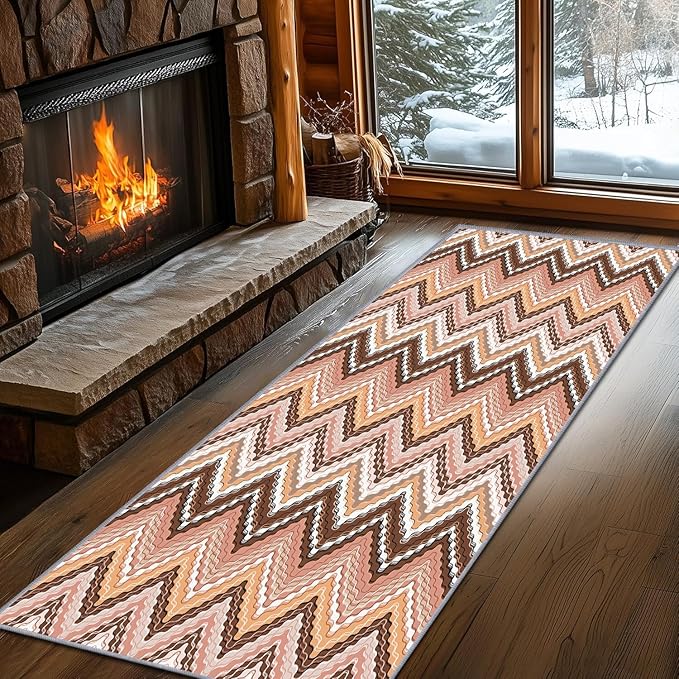 Brown Pink White Wave Runner Rug, 2x7ft Soft Tone Hallway Decor Carpet - Modern Home Corridor & Foyer Long Rug Non-Slip Mat, Washable Flannel Material, Bedroom Stylish Accent Rugs