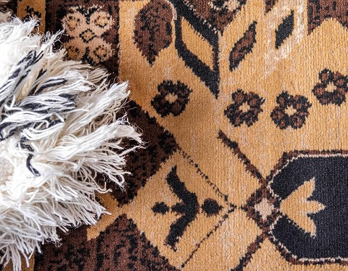 Unique Loom Taftan Collection Border Geometric Tribal Inspired Design Area Rug (3' 0 x 16' 5 Runner, Brown/ Tan)