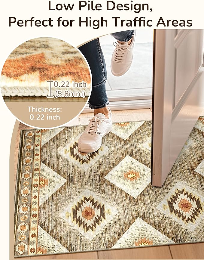 Area Rug 3x5 Rug Machine Washable Non-Slip Low Pile Print Pattern Western Rug for Living Room Bedroom Entryway Tribal Series -Cream/Camel