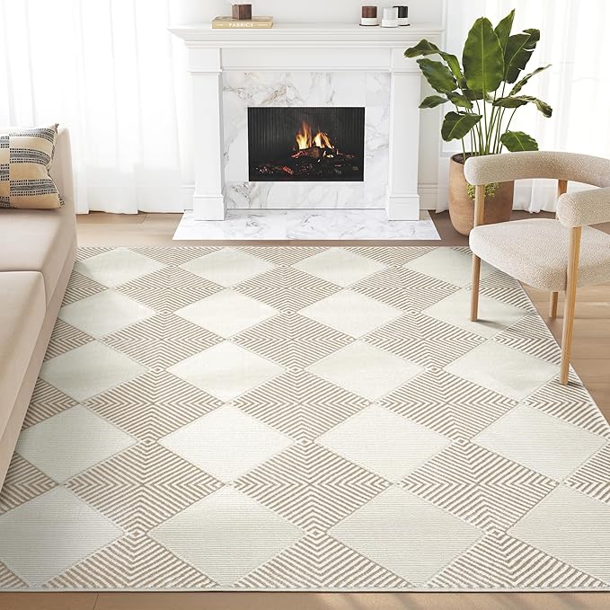Abani Cream Area Rug for Living Room, Bedroom - Diamond Pattern - 4 x 6 - Durable & Easy to Clean