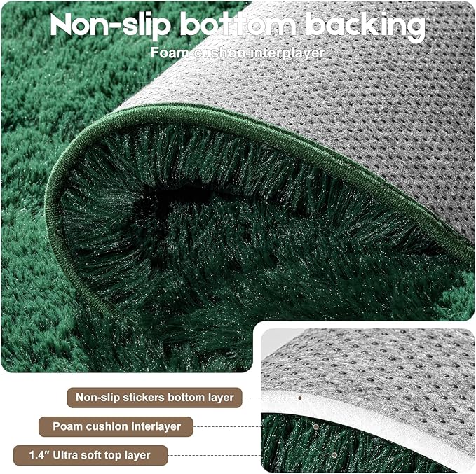 Dark Green Area Rugs 9x12 Living Room Bedroom, Fluffy Large Rug Soft Shag Non-Slip Carpet for Kids Boys and Girls Room Dorm Home Decor (9ft x 12ft)