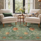Bavni 5x7 Area Rugs for Living Room, Microfiber Machine Washable Non-Slip Vintage Floral Rug, Low Pile Lightweight Carpet for Bedroom, Dining Room, Home Office, Bean Green