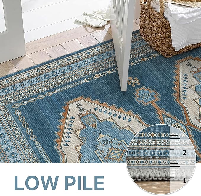 GENIMO Machine Washable 8x10 Area Rugs for Living Room, Non Slip Vintage Rugs, Low Pile Lightweight Chenille Print Rug for Bedroom, Dining Room, Home Office, Navy/Brick