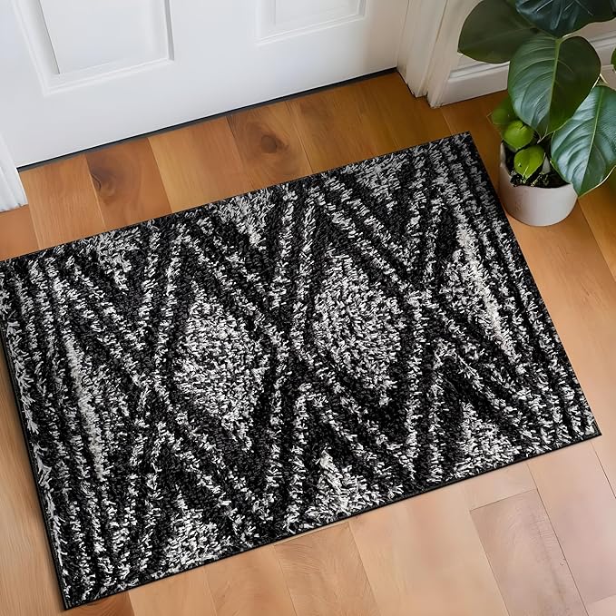 Rugshop Geometric Shag Area Rug Anthracite Dark Gray and White 2' x 3' Ideal for Entryways, Kitchens, or Small Spaces