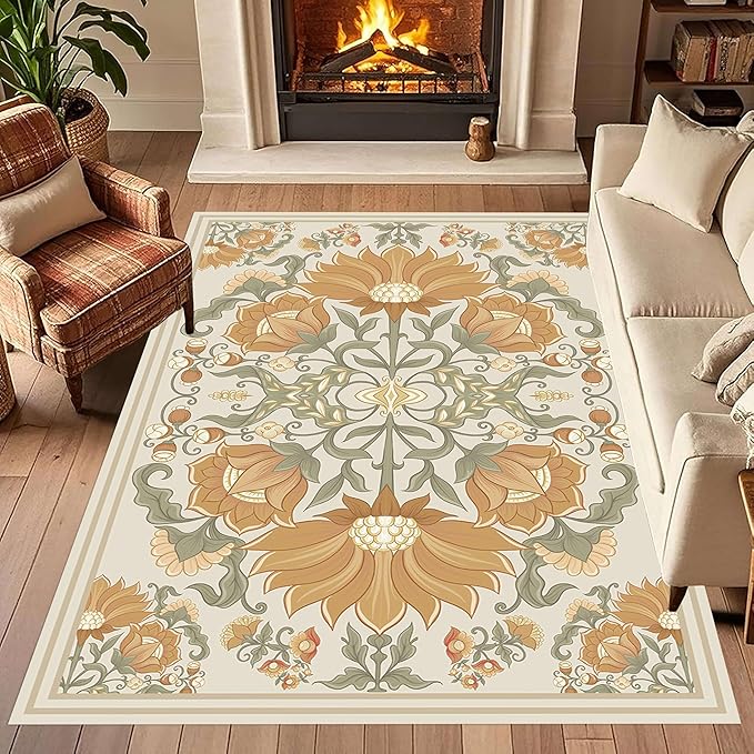 Abstract Sunflower Area Rugs, 6x8ft, Traditional Rustic Vintage Tropical Floral Theme Beige Farmhouse Boho Carpet, Shaggy Low Pile Fade Resistant Home Goods Rug for Living Room Kitchen