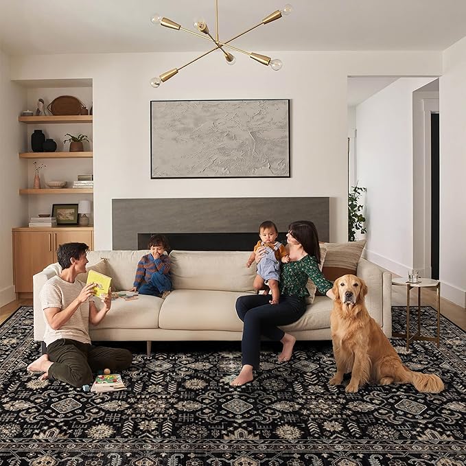 Area Rug Non Slip Machine Washable Ultra Soft Living Room/Bedroom/Kitchen/Outdoor/Classroom Black Gold, 9'×12'