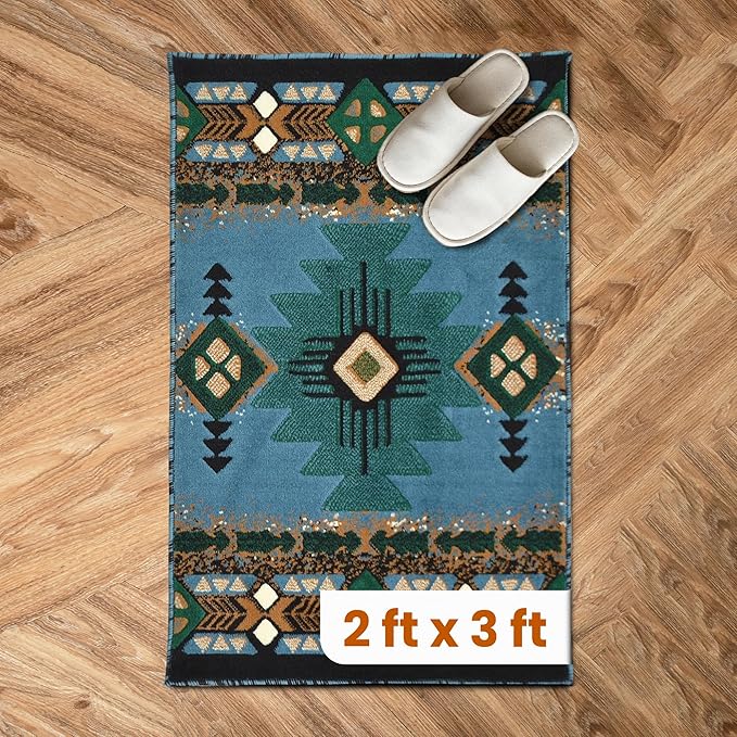 YHSF South West Native American Area Rug C318 - Easy Clean, Thick, Soft, Durable Native Tribal American Indian Inspired Rug for Bedroom/Living Room and More - Blue-Green, 2 Feet x 3 Feet 4 Inches