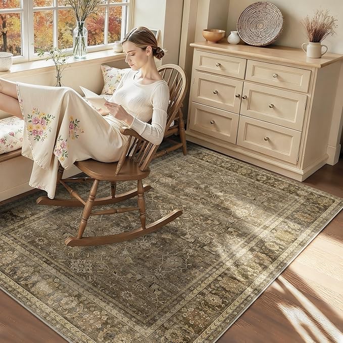 HelloTree Vintage Area Rug 3x5 Brown Entryway Office Washable Carpet Non Slip Backing Printed Distressed Rugs for Bedroom Vintage Boho Tribal Area Rugs for Bathroom Bedroom Dining Living Room-Brown