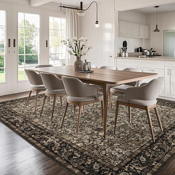 Washable Living Room Rug: 10x14 Boho Floral Soft Area Rug for Bedroom Decor - Vintage Low Pile Thin Carpet for Dining Room Non-Slip - Farmhouse Stain Resistant Rugs - Dark Brown