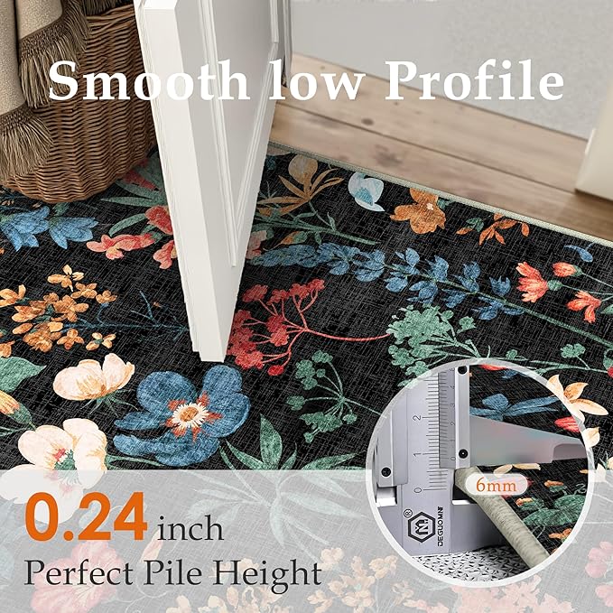 Floral Runner Rug 3x8 Washable Hallway Long Black Bedroom Carpet Non Slip Indoor Boho Kitchen Low Pile Accent Rug Lightweight Soft for Bathroom Dining Laundry Living Room