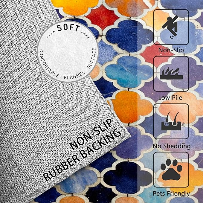 Moroccan Rugs for Living Room - 6x9 ft, Moroccan Trellis Rug, Colorful Geometric Living Room Rug, Oriental Tile Washable Area Rugs for Bedroom, Traditional Patchwork Home Decor & Gifts