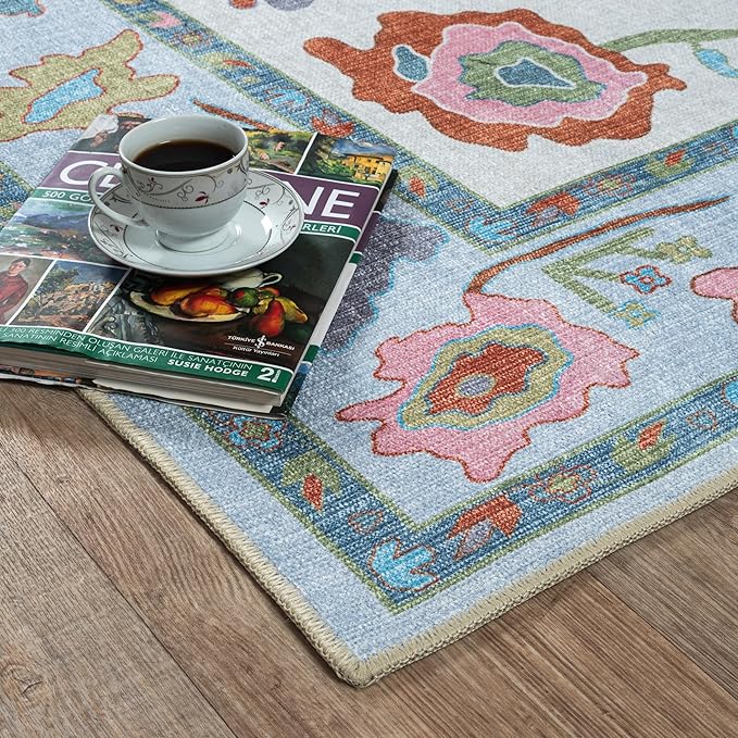 Fame Living Colorful Oushak Rug, Modern, Vintage, Turkish, Eclectic, Floral, Pastel, Washable, Oversized, Extra Large Area Rugs for Living Room, Dining, Bedroom, Lounge 9'5"x14'