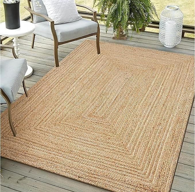 Handwoven Jute Rug for Home Décor, Boho Reversible Braided Carpet, Ethnic Rectangular Area Mat for Indoor Outdoor Living Room or Bedroom (2x3 Ft)