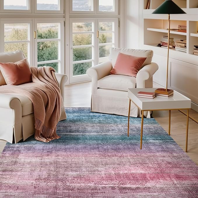 Kokia Abstract Area Rugs Boho Washable Distressed Retro Indoor 6x9 Rug Multicolor Low Pile Non-Slip Non-Shedding Red Carpet Bedroom Living Room Dining Room, Oslo Orchid