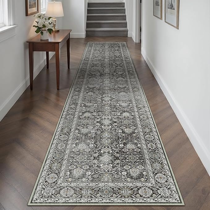 Black Runner Rug 2'6"x12' Vintage Area Carpet Hallway Long Indoor Kitchen Washable Living Room Low Pile Traditional Distressed Retro Accent Rug Non Slip Laundry Bathroom Office Dining Room