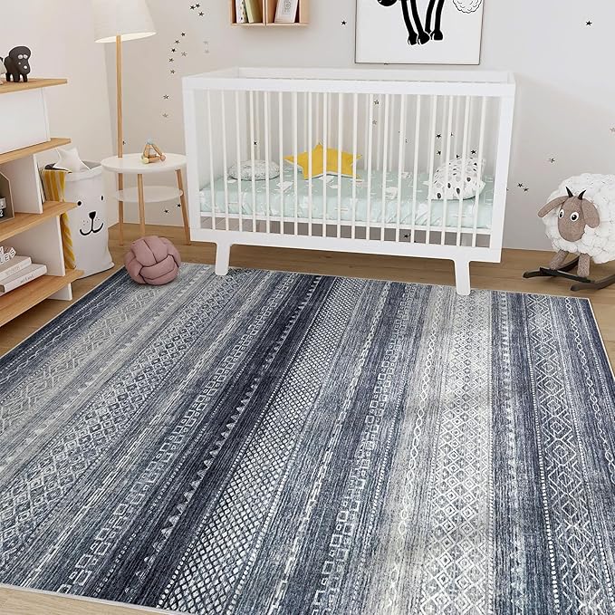 Nakagishi Area Rug Living Room Rugs: 4X6 Machine Washable Boho Large Neutral Farmhouse Stain Resistant Moroccan Indoor Floor Carpet for Bedroom Nursery Dorm Dining Room Home-Denim Blue