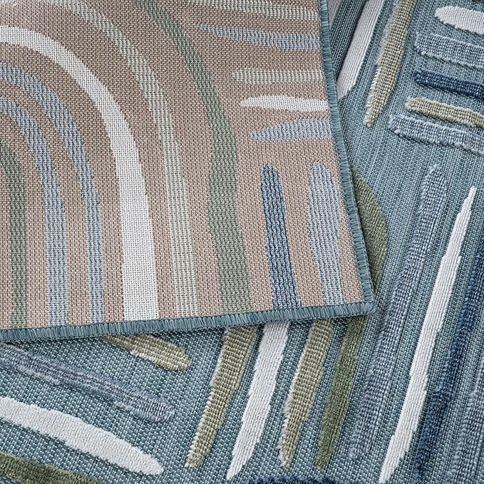 CAMILSON Indoor Outdoor Rug, Aqua 6x9 Geometric Arch Striped Area Rugs for Patio and Home Areas, Easy-Cleaning Non-Shedding Living Room, Garden and Deck Washable Outside Carpet (6 x 9)