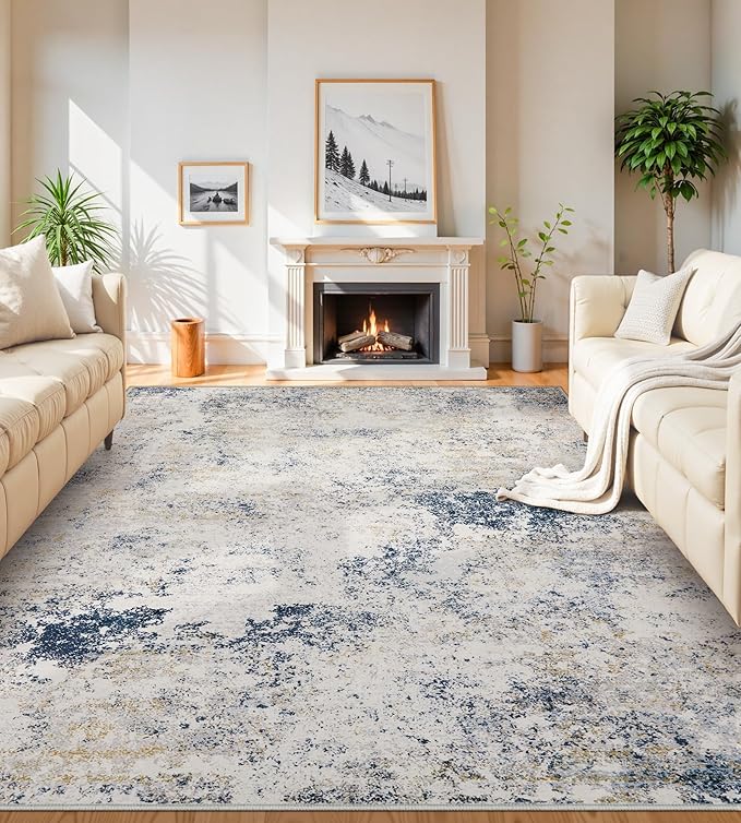 7x9 Washable Area Rugs - Modern Abstract Rugs for Living Room Non-Slip Low Pile Soft Machine Washable Carpet for Bedroom, Dining Room, Nursery, Home Office, Farmhouse (7'x9' Beige Blue)