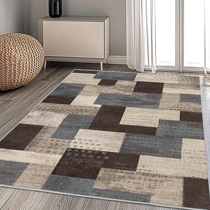 Modern Geometric Patchwork Indoor Area Rug for Living Room, Blue-Taupe 5'x 7' Large Rug Rockwood Collection Hardwood Floors Decor for Bedroom, Blue Throw Carpet for Office Entryway Dining Room