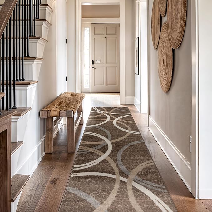 Rugshop Modern Wavy Circles Design Runner Rug, Fade-Resistant Carpet for Hallway, Entryway, or Kitchen, Brown, 2' x 10'