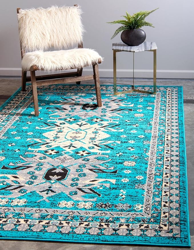 Unique Loom Taftan Collection Border Geometric Tribal Inspired Design Area Rug (7' 0 x 10' 0 Rectangular, Turquoise/ Gray)