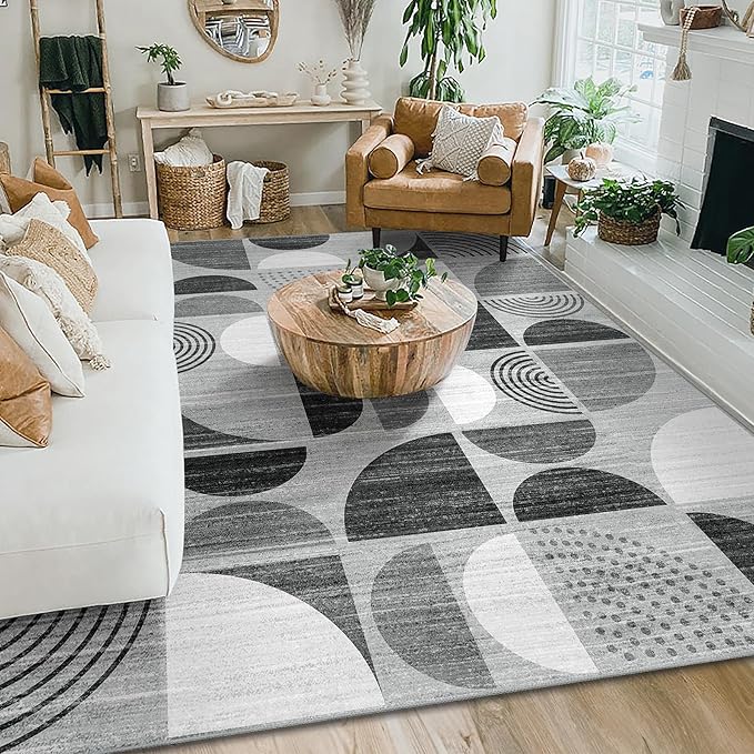 MUJOO Washable Rug 8x10,Large Area Rugs for Living Room Bedroom Dining Room,Boho Throw Floor Carpet Non Slip Soft Modern Abstract Black and Grey