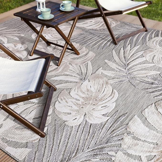 CAMILSON Indoor Outdoor Rug, Beige 6’x9’ Leaf Tropical Botanical Area Rugs for Indoor and Outdoor patios, Easy-Cleaning Non-Shedding Living Room, Garden and Kitchen Washable Outside Carpet (6x9)