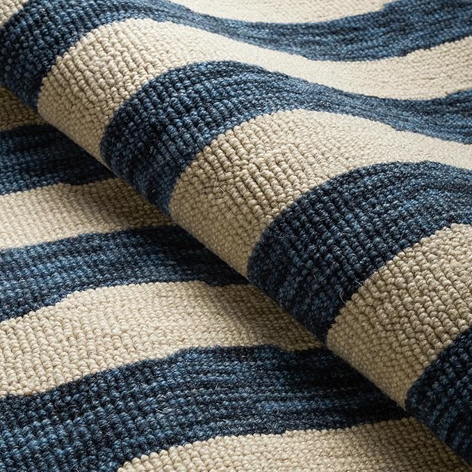 Dash & Albert Silas Stripe Navy Hand Micro Hooked Wool Rug, 2 X 3 Feet, Blue Stripe Pattern - Premium Luxury Hotel Quality Soft Breathable Hypoallergenic Machine Washable Easy Care All Season