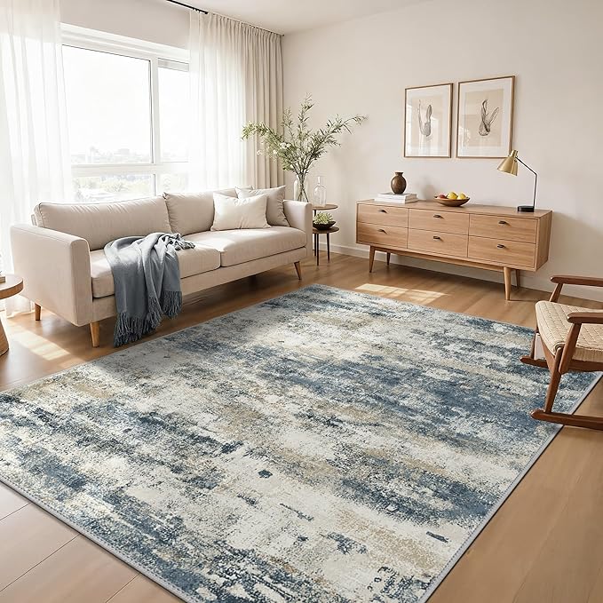 GENIMO Abstract Area Rug 6x9, Washable Large Modern Rug Non Slip, Low Pile Lightweight Soft Carpet for Living Room, Bedroom, Dining Room, Navy Blue