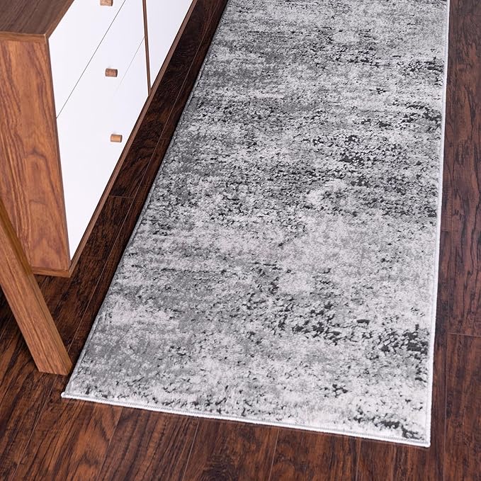 Rugs.com Leipzig Collection Rug – 13 Ft Runner Gray Low-Pile Rug Perfect for Hallways, Entryways