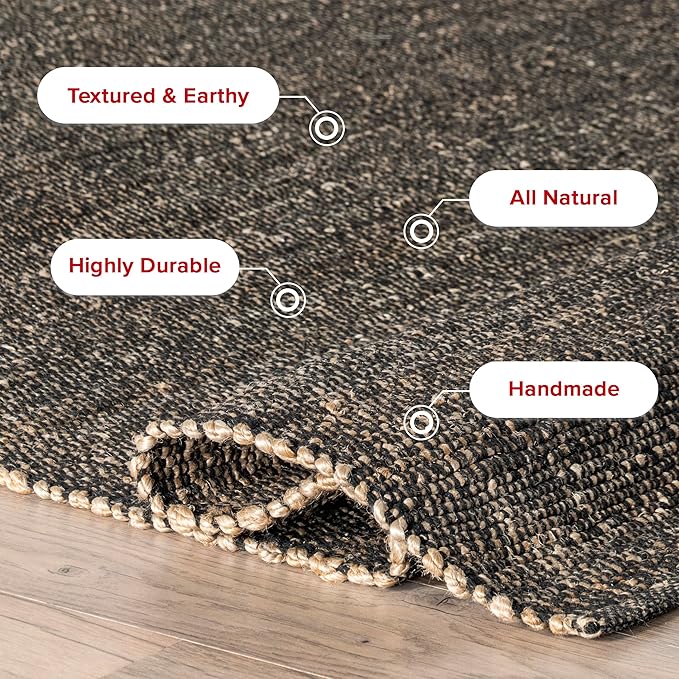 nuLOOM 3x5 Elfriede Jute & Cotton Hand Woven Area Rug, Charcoal, Solid Rustic Farmhouse Style, Weaved Design, Natural Fiber, For Bedroom, Living Room, Dining Room, Hallway, Office, Entryway